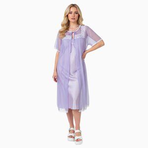 Vintage 60s Sheer Lilac Chiffon Peignoir Nightgown M Floral Lace Delicate Fairy